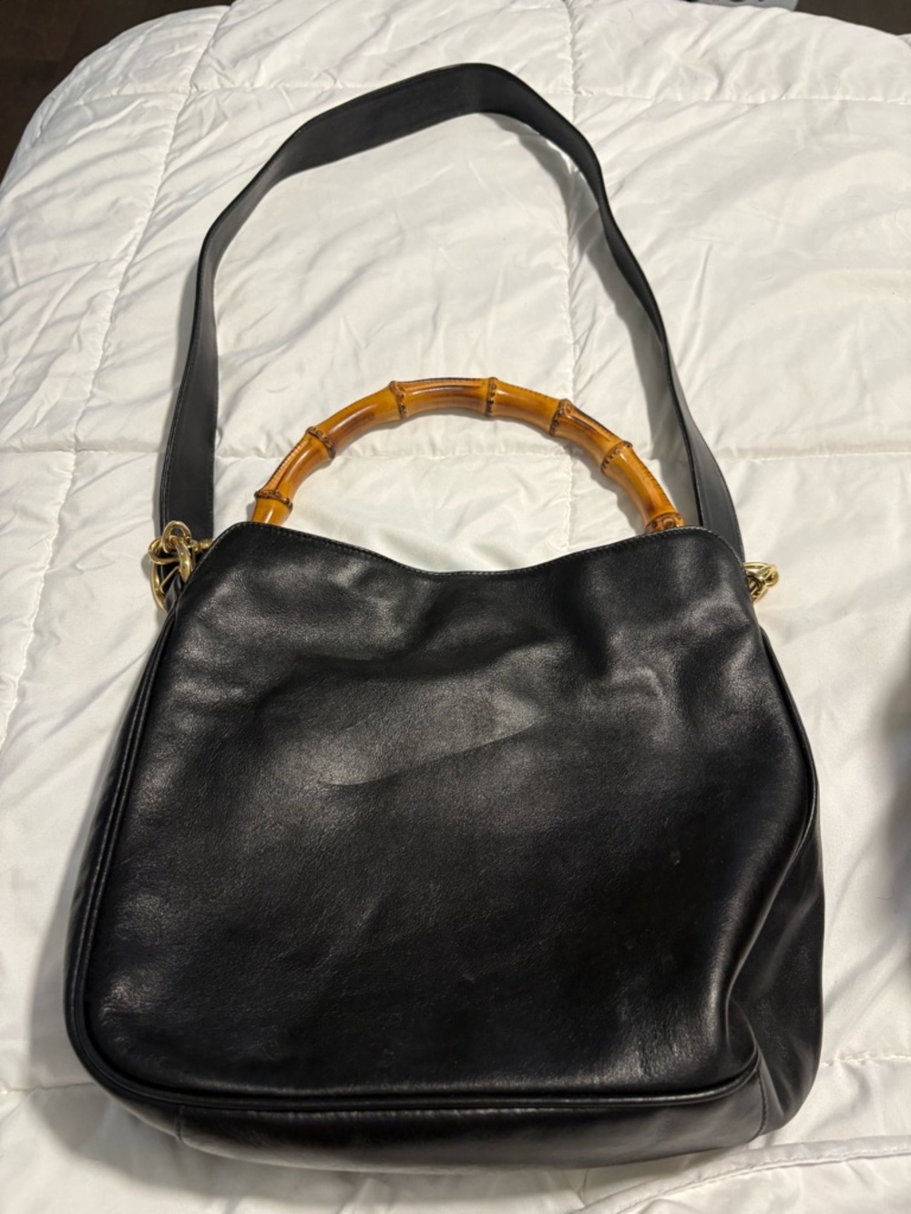 Vintage Gucci Black Leather Shoulder Bag with Bamboo Handle